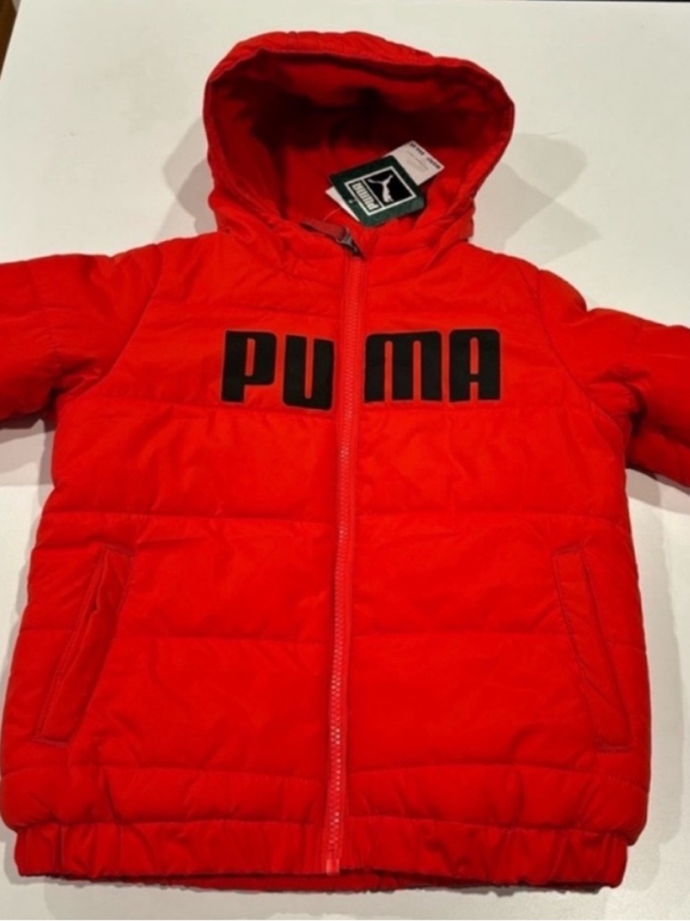 Puma NEW Hooded Puffer Coat Red Boys Size 5 Black Chest Logo Pockets Zip Front